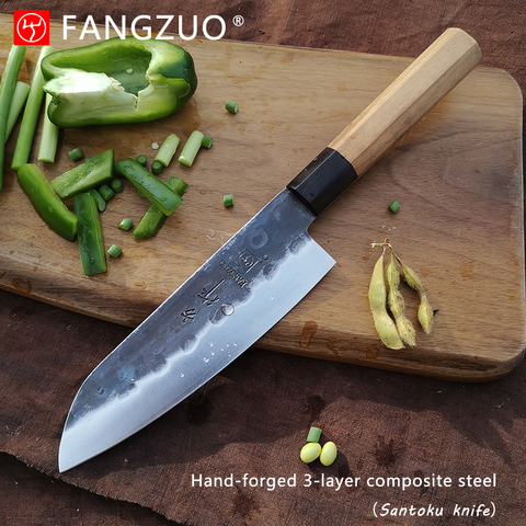 Couteaux de cuisine de Chef japonais, couteau Santoku fait main 7 pouces 3 couches AUS10 lame à haute teneur en carbone outils de tranchage de cuisine professionnels ► Photo 1/6