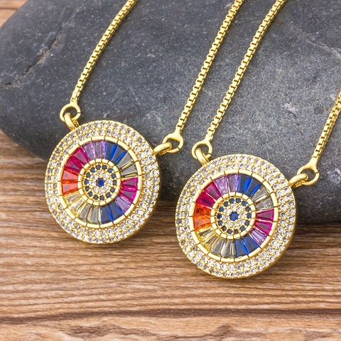 Chaîne en cuivre Zircon pour femmes, collier de luxe avec pendentif rond en pierre CZ pavée, meilleur cadeau de bijoux ► Photo 1/6