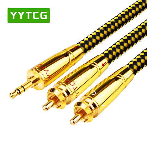 YYTCG hifi 3.5mm à 2rca câble haut de gamme plaqué argent PC amplificateur de téléphone portable interconnecter 3.5 Jack à RCA câble ► Photo 1/6