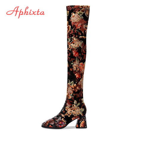 Aphixta – bottes au dessus du genou pour femmes, chaussures à talons carrés brodés de fleurs, longues à bout pointu ► Photo 1/6