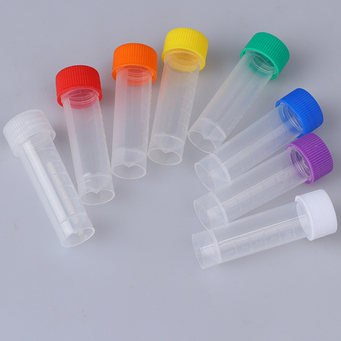 10 pièces 5ml en plastique gradué Cryovial Tube à essai en plastique Tube de congélation Tube d'entreposage au froid avec bouchon à vis 8 couleurs peuvent être choisir ► Photo 1/6