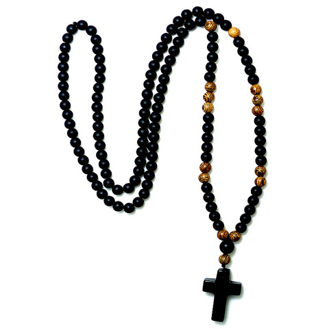 Collier chapelet pour hommes, perles en pierre noire 6MM, pendentif croix en pierre noire, chaîne d'environ 70CM ► Photo 1/1
