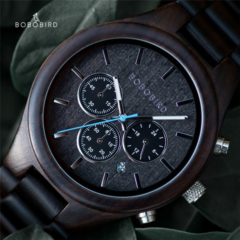 BOBO BIRD – montre-bracelet lumineuse en bois d'ébène pour hommes, chronographe calendrier, mode masculine, horloge avec boîte cadeau ► Photo 1/6