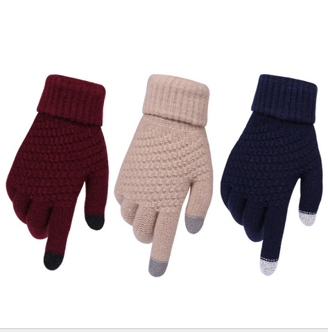 Les gants d'écran tactile d'hiver des femmes épaissir les gants extensibles tricotés chauds d'imitation de laine gants de ski extérieurs de doigt complet ► Photo 1/6