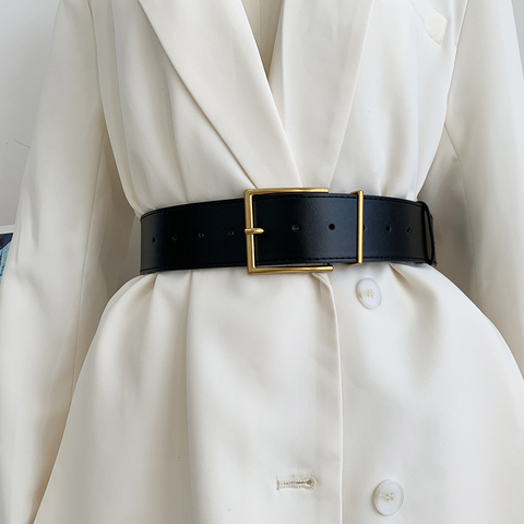 Mode femme noir large ceinture carré boucle ardillon Imitation cuir ceinture décorative manteau robe Simple robe ceinture ► Photo 1/6