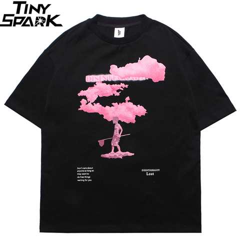 T-shirt à manches courtes, noir avec motif nuage rose, en coton, pour homme, style urbain, hip-hop, harajuku, tendance 2022 ► Photo 1/6