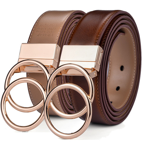 Ceinture en cuir pour femme, ceinture réversible, ceinture en cuir pour robe en jean avec Double bague en or ► Photo 1/6