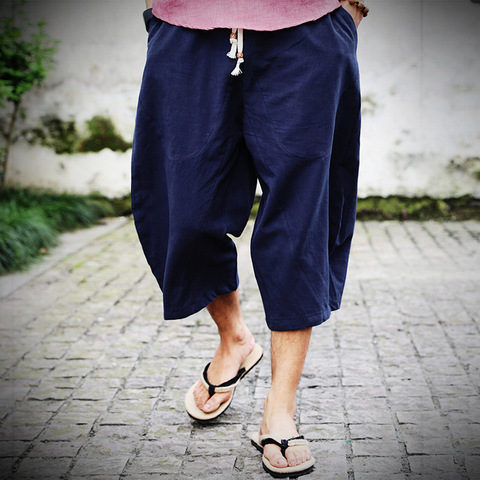 Pantalon Baggy en coton et lin pour homme, jambes larges, entrejambe suspendu, style Hip Hop, bouffants, longueur mollet, 2022 ► Photo 1/6
