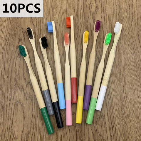 Brosse à dents en bambou biodégradable pour adultes, lot de 10 pièces, poils en Nylon doux, organique et écologique ► Photo 1/6