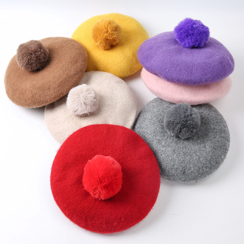 Béret à pompons pour enfants, casquette octogonale de couleur unie, chapeaux de peintre en laine d'hiver pour filles de 1 à 3 ans ► Photo 1/6