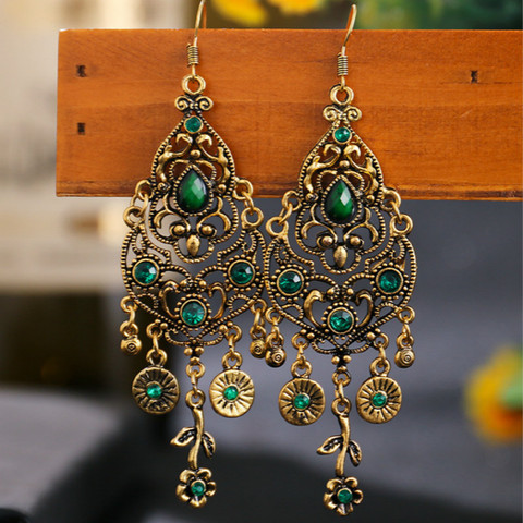 Boucles d'oreilles style bohème ethnique pour femmes, en alliage, Vintage, fleurs, strass, longues, en forme de pendentif, bijoux indiens, 2022 ► Photo 1/6