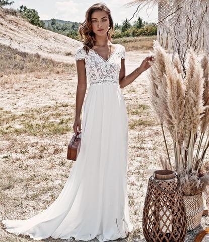 Robe de mariée en mousseline de soie, style Boho, Vintage, dentelle, ligne a, longueur au sol, col en v, brosse, traîne, dos nu, 2022 ► Photo 1/6