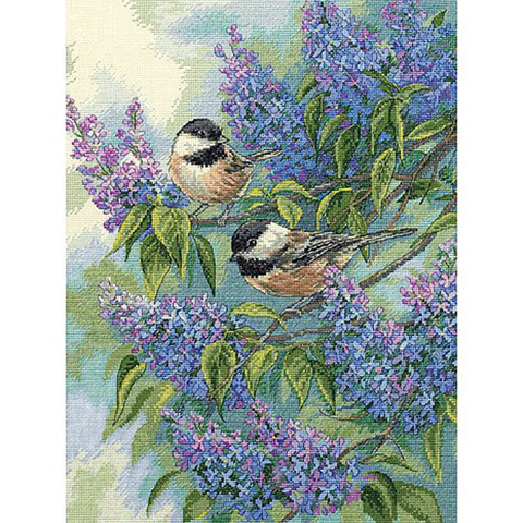 Kit de points de croix comptés, jolie fleur violette lilas et oiseaux, de qualité supérieure, Dim 35258 ► Photo 1/6