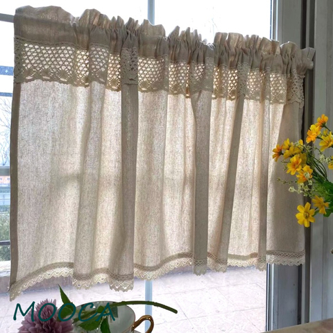Demi rideau avec Crochet dentelle court rideau de cuisine coton lin cafee rideau rideau anti-poussière ► Photo 1/5