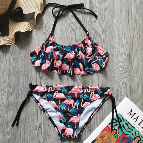 Maillot de bain flamant rose à volants pour filles, ensemble deux pièces pour enfants de 7 à 14 ans, Bikini pour adolescentes, haut à licou ► Photo 1/6