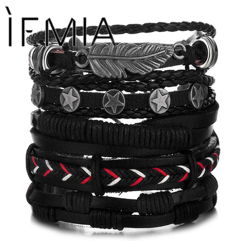 IFMIA – Bracelet multicouche en cuir, tressé à la main, en corde, étoile, plume, Vintage, cadeau pour hommes ► Photo 1/6