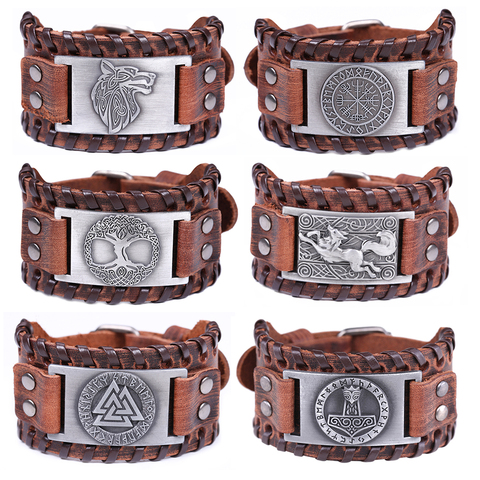 Skyrim-Bracelet Talisman en vrai cuir pour hommes, avec arbre boussole, Valknut, charme de tête de loup, amulette Viking ► Photo 1/6