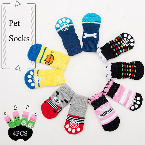 4 pièces chaud chiot chien chaussures doux animal de compagnie Knits chaussettes mignon dessin animé anti-dérapant chaussettes pour petits chiens respirant produits pour animaux de compagnie S/M/L ► Photo 1/6