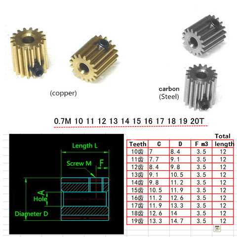 Engrenage en cuivre laiton diamètre carbone | 0.7M 10T 11T 12T 13T 14T 15T 17T 18T 19T 20T, trou d'engrenage aiguisé en laiton 3 mm 3.17 4 5 6 mm acier ► Photo 1/3