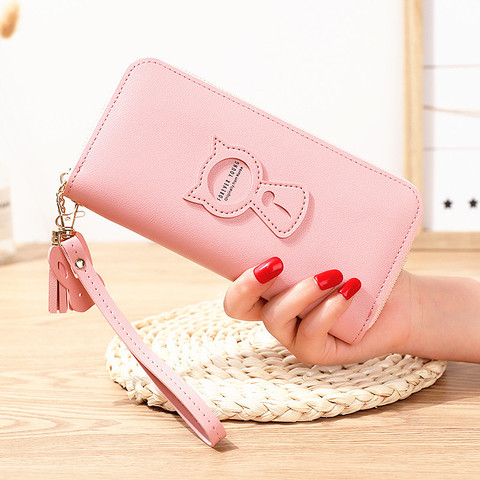 Portefeuille en cuir PU pour femmes, porte-cartes, porte-monnaie, fermeture éclair, Long, Applique chat, sac pour téléphone portable, mode 2022 ► Photo 1/6