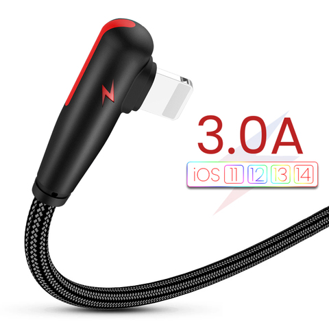 Câble USB 3A en Nylon en forme de L pour recharge rapide, cordon à 90 degrés pour iPhone 12 11 Pro XS Max XR X 8 7 6 6S 5s se ► Photo 1/6