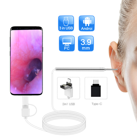 Caméra endoscopique HD pour oreilles visuelles, objectif fin de 3.9mm, pour adultes et enfants, avec 6 LED, Otoscope avec outil de nettoyage du cérumen, pour Android et PC ► Photo 1/6