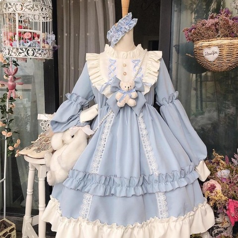 Robe Lolita gothique japonaise pour femmes, tenue de princesse en dentelle bleue à manches longues, avec nœud Kawaii et ours, cadeau d'halloween pour filles ► Photo 1/6