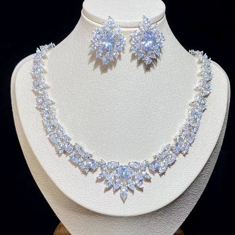 Ensemble de bijoux de mariée de luxe magnifique goutte d'eau zircon cubique dames collier de mariage et boucles d'oreilles X-0010 ► Photo 1/6