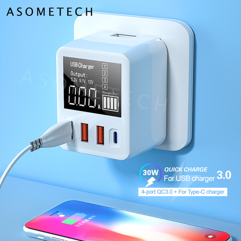 QC3.0 chargeur rapide Type C USB chargeur 4 Ports chargeur de téléphone Portable 30W affichage LED pour iPhone Samsung voyage chargeur mural ► Photo 1/6