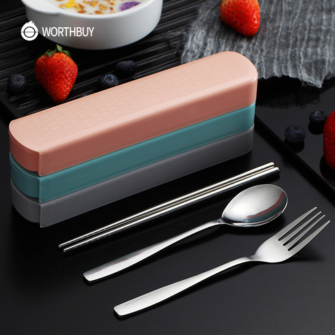 WORTHBUY Portable Voyage Vaisselle Vaisselle En Acier Inoxydable Avec Boîte de Cuisine Fourchette Cuillère Dîner Ensemble Pour Enfant École Couverts ► Photo 1/6