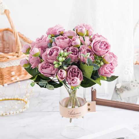 Fleurs artificielles roses 9 têtes soie pivoine Bouquet thé Rose fausse plante pour bricolage salon maison jardin mariage automne décoration ► Photo 1/6