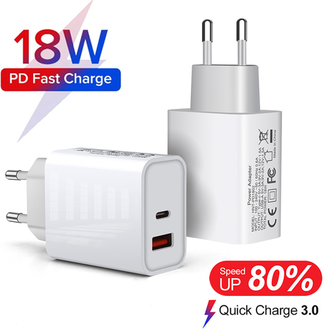 Charge rapide 3.0 QC 18W PD USB chargeur QC3.0 Type C téléphone mural Charge rapide pour Apple Watch iPhone 12 11 Pro XS XR X 8 Airpods ► Photo 1/6