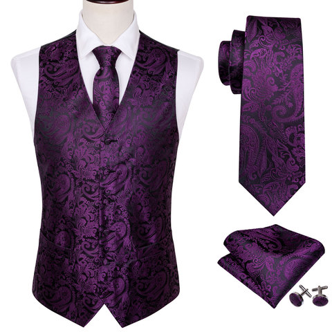 Gilet violet Paisley en soie pour hommes, 4 pièces, gilet Floral solide à poches, cravate carrée, costume Slim Barry.Wang, BM-2022 ► Photo 1/6