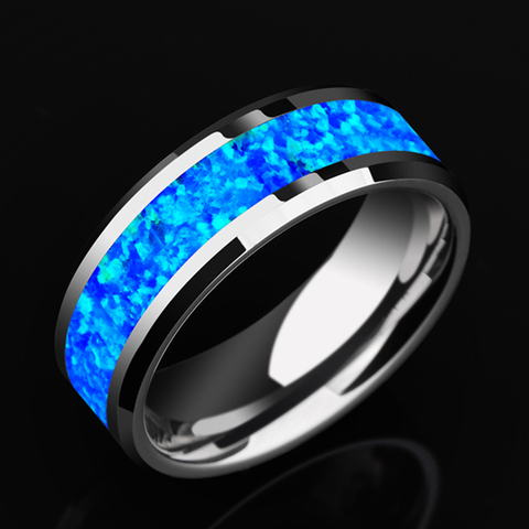 2022 New Luxury 8mm Tungsten Steel Ring Inlaid Blue Opal Wedding Ring Men's Never Faded Engagement Promise Jewelry Gift ► Photo 1/6