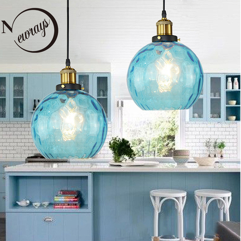 Lampe Loft en verre, couleur bleue, moderne E27, lampe suspendue nordique vintage, avec 3 tailles, pour chambre à coucher, hall, restaurant, bureau, pendentif lumineux LED ► Photo 1/6