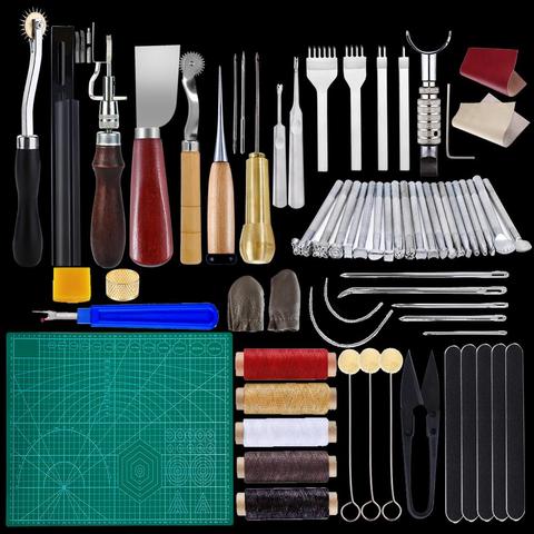 MIUSIE – Kit d'outils pratiques pour l'artisanat du cuir, poinçon de couture, coupe, sculpture, travail, couture, ensemble d'outils de maroquinerie pour débutant, 60 pièces ► Photo 1/6