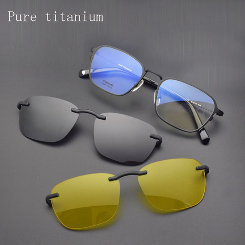 Lunettes légères en titane pur cadre complet | Avec lunettes polarisées, lunettes de soleil rétro pour hommes, Clips de Vision nocturne, aimant ► Photo 1/1