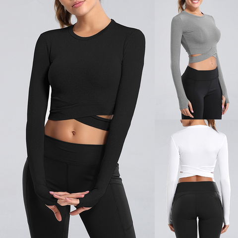 Femmes à manches longues chemises de course Sexy exposé nombril Yoga T-shirts solides chemises de sport séchage rapide Fitness gymnase hauts ► Photo 1/6