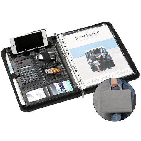 Dossier Portable A4 avec calculatrice, organisateur de documents de bureau, porte-documents en cuir PU, sac à personnaliser ► Photo 1/6