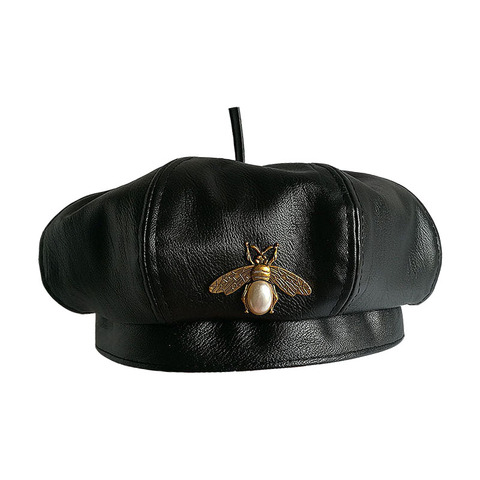 Vintage marque abeille marque mode cuir synthétique polyuréthane noir béret chapeau femmes casquette femme dames Beanie béret filles pour le printemps et l'automne ► Photo 1/5