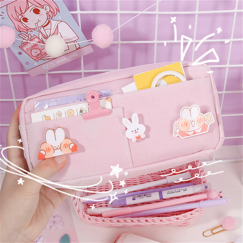 Kawaii grand porte-crayon papeterie sacs de rangement toile crayon sac mignon maquillage sac fournitures scolaires pour fille enfants cadeau w/ Badge ► Photo 1/6