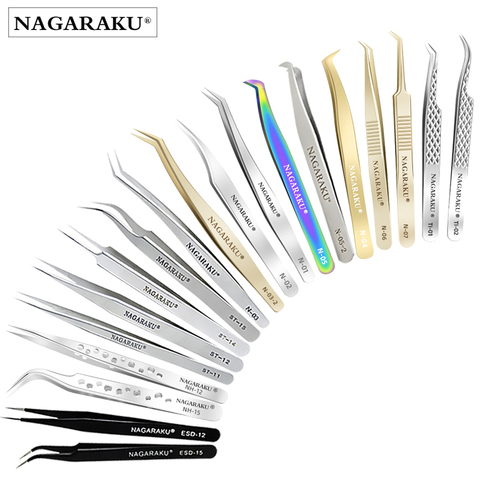 NAGARAKU Droite En Acier Inoxydable Courbe Nail Outils Extension de Cils Pince À Épiler Pinces Pointu Clip Ensemble Maquillage Outils ► Photo 1/6