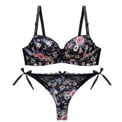 Ensemble classique de Lingerie en coton épais pour femmes, soutien-gorge Sexy, Push-Up, culotte en dentelle ► Photo 1/6