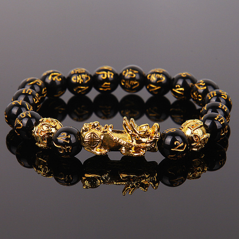 Bracelet Fengshui Pixiu pour homme et femme, unisexe, porte-bonheur, perles obsidienne, cadeau, bijoux ► Photo 1/6