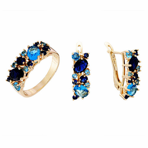 2022 Nouvelle Mode Rose Or Couleur Femmes Bijoux Romantique Bijoux De Mariée Ensembles Bleu Pierre Anneau De Mariage/Boucle D'oreille Parures ► Photo 1/6