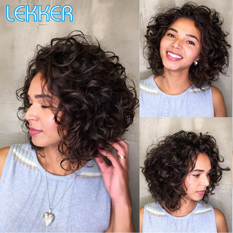 Lekker court bouclés cheveux humains perruques pour les femmes noires lâche rebond Curl Bob perruques avec frange brésilienne Remy cheveux Ombre pleine perruques ► Photo 1/6