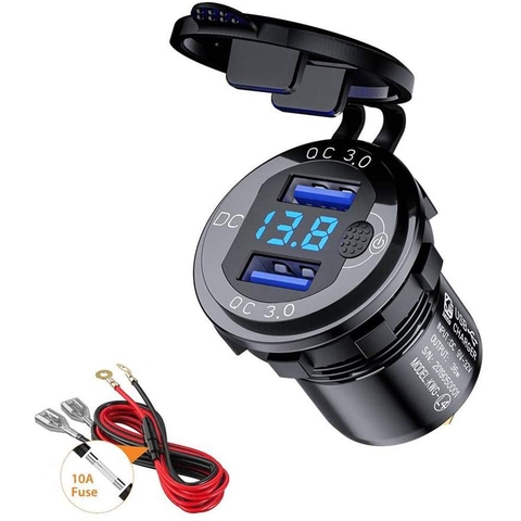 Charge rapide 3.0 36W voiture double USB chargeur QC3.0 étanche avec voltmètre interrupteur pour 12V/24V moto ATV bateau Marine RV ► Photo 1/6