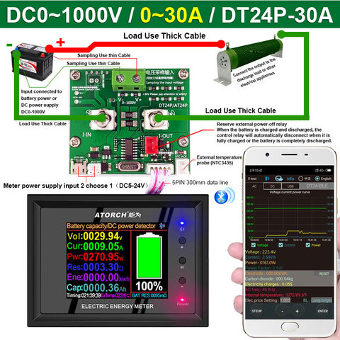 DT24P 1000V/30A IPS affichage numérique voltmètre de puissance cc ampèremètre testeur de capacité de batterie jauge de tension détecteur mètre pour App ► Photo 1/6