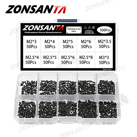 Zonnata – Kit de vis pour ordinateur portable, 500 pièces M2 M2, 5 M3, vis Phillips à tête plate, petits boulons noirs ► Photo 1/6