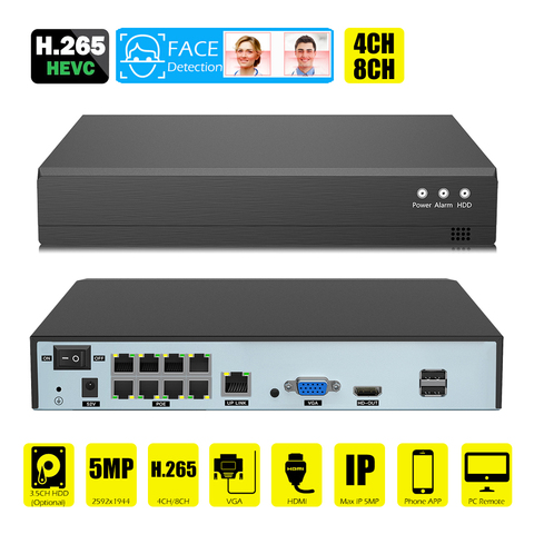 Détection de visage H.265 8ch * 5MP 4ch/8ch PoE réseau enregistreur vidéo Surveillance PoE NVR 4/8 canaux pour HD 5MP/1080P caméra IP ONVIF ► Photo 1/6